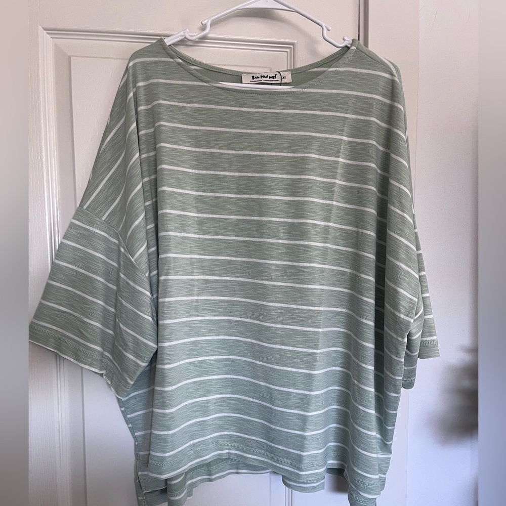 Three Bird Nest Sage and White Striped Top
